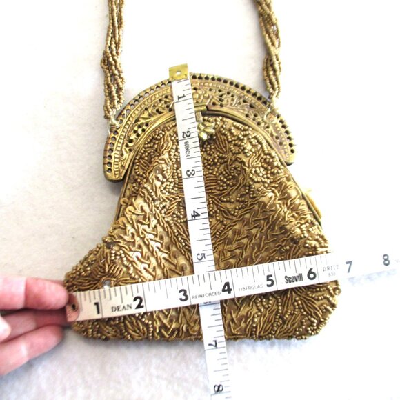 Antique Gold Beaded Purse Bag Brass Frame Silk Lining - Picture 8 of 10